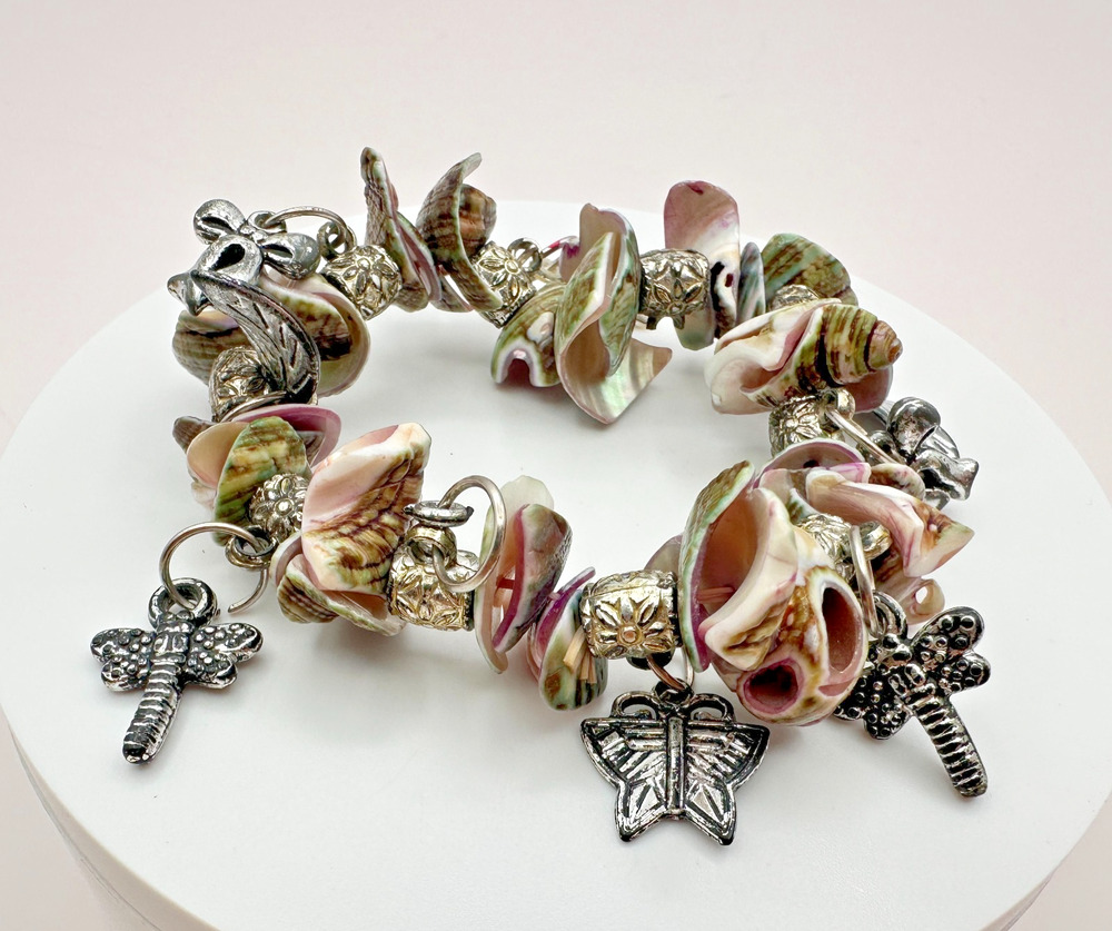 Vintage 90s Boho Shell Silver Tone Charm Bracelet Statement Women's Jewelry